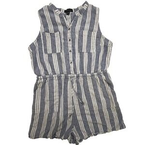 Kelly Renee Womens XL Blue White Striped Linen Blend Sleeveless Romper Pocket